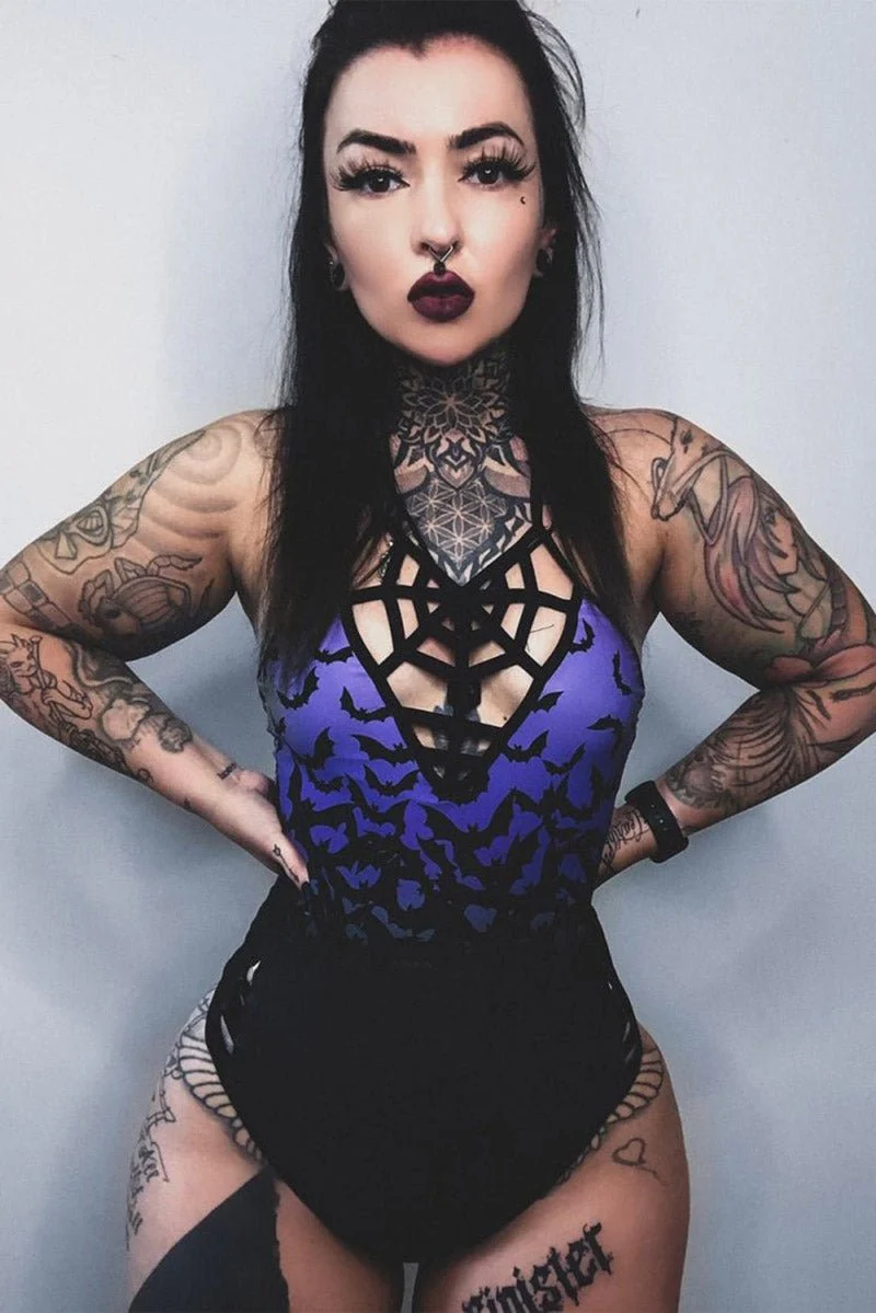 Bats in Purple Sky One Piece Swimsuit [BLACK/PURPLE] - Image 10