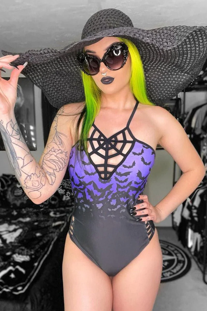 Bats in Purple Sky One Piece Swimsuit [BLACK/PURPLE] - Image 11