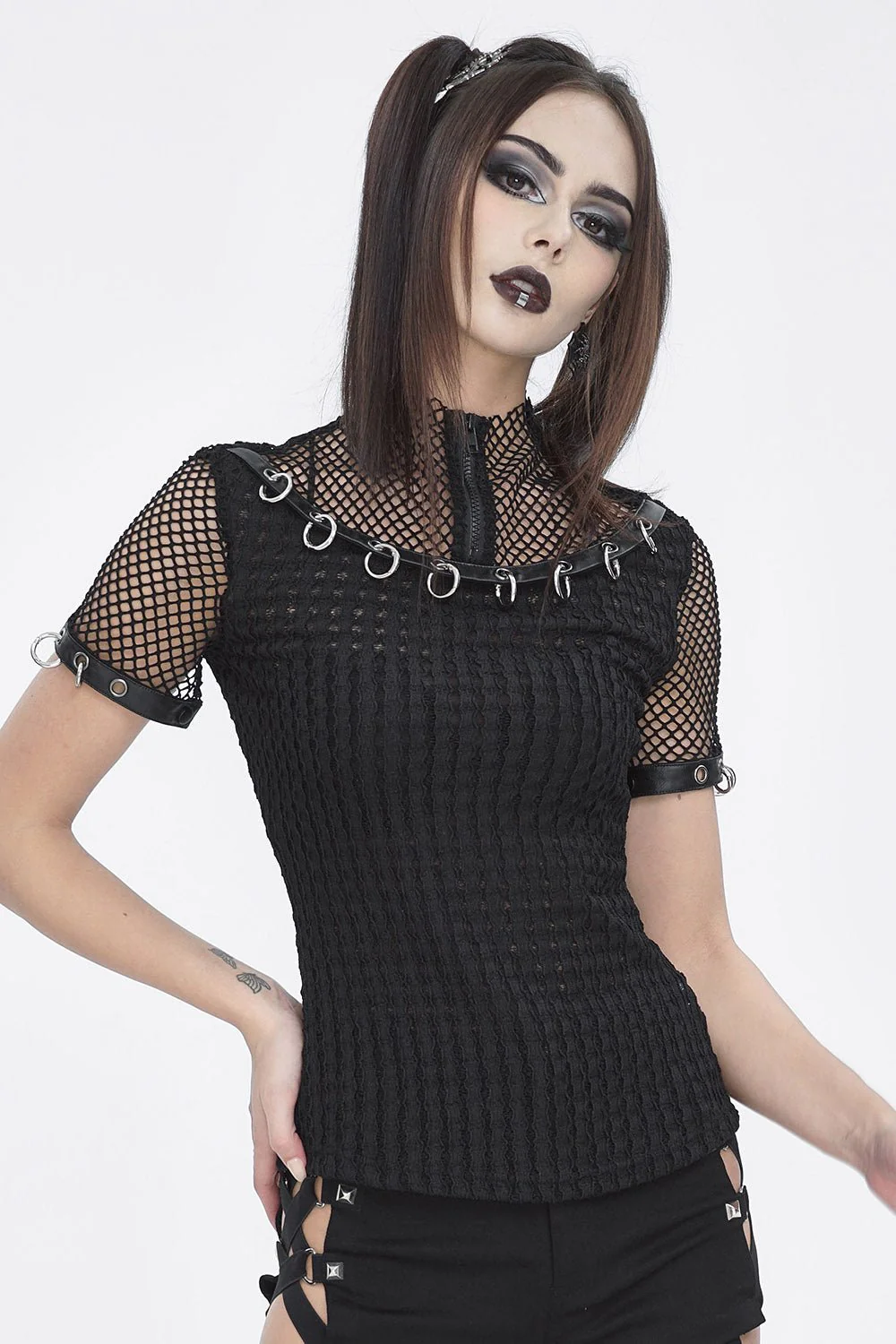 Black Metal Pierced Fishnet Top - Image 3