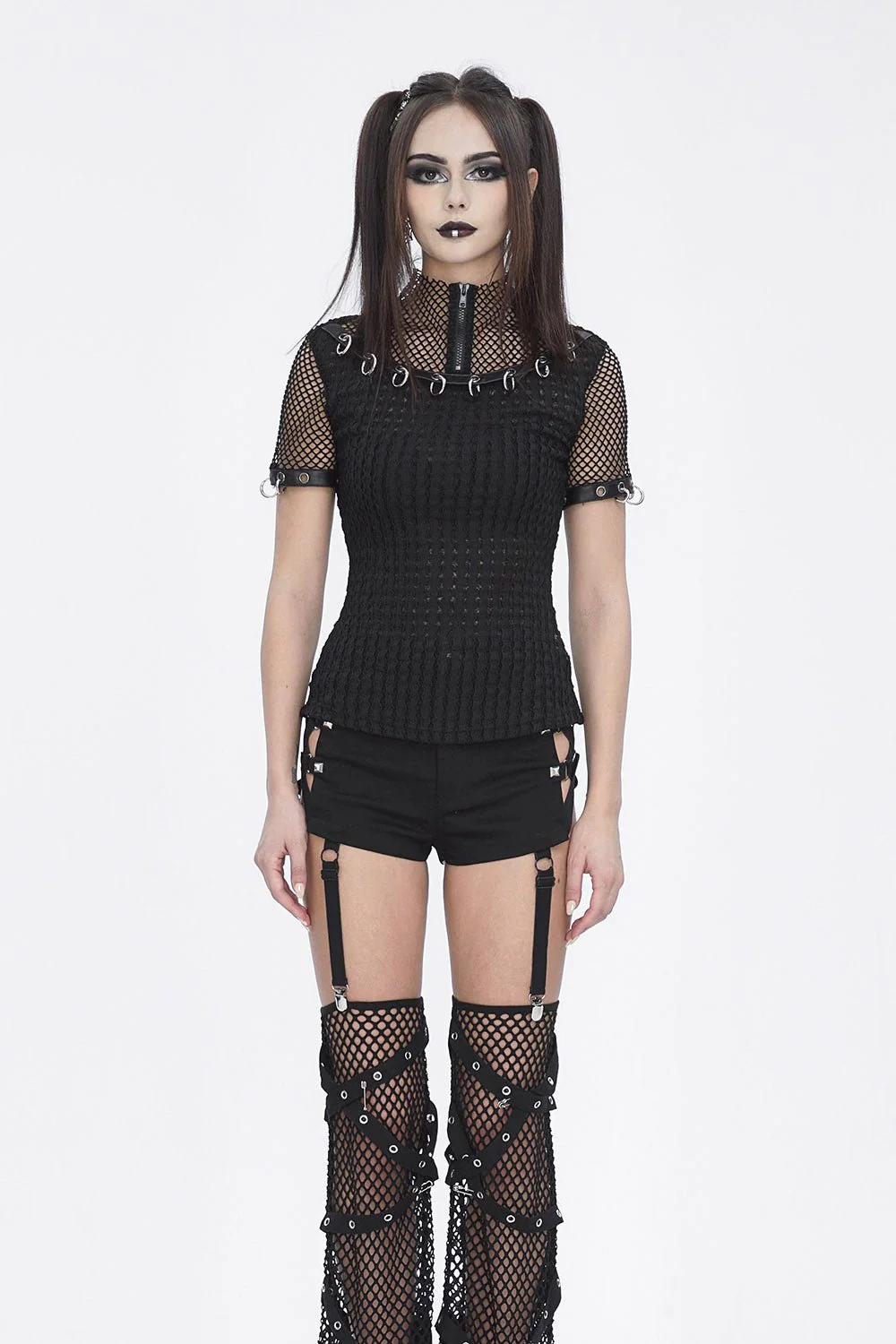 Black Metal Pierced Fishnet Top - Image 4