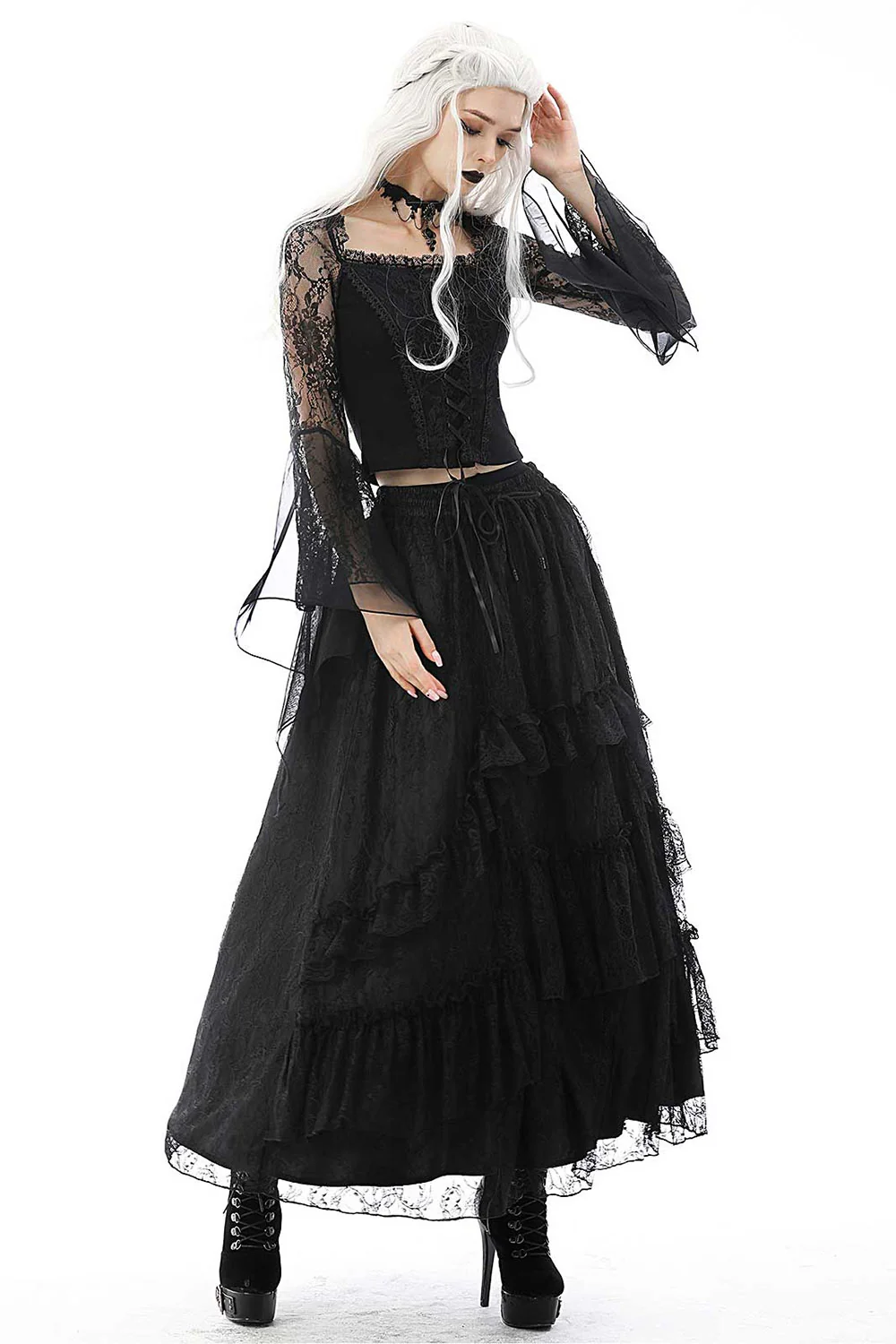 Black Twilight Ruffle Lace Maxi Skirt - Image 4