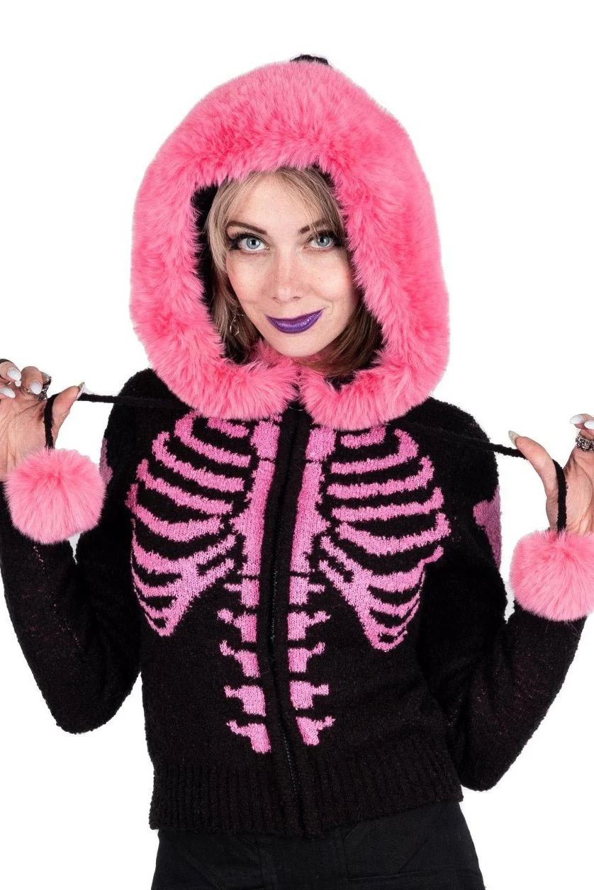 Bony Rib Cage Skeleton Fur Sweater [BLACK/PINK] - Image 10