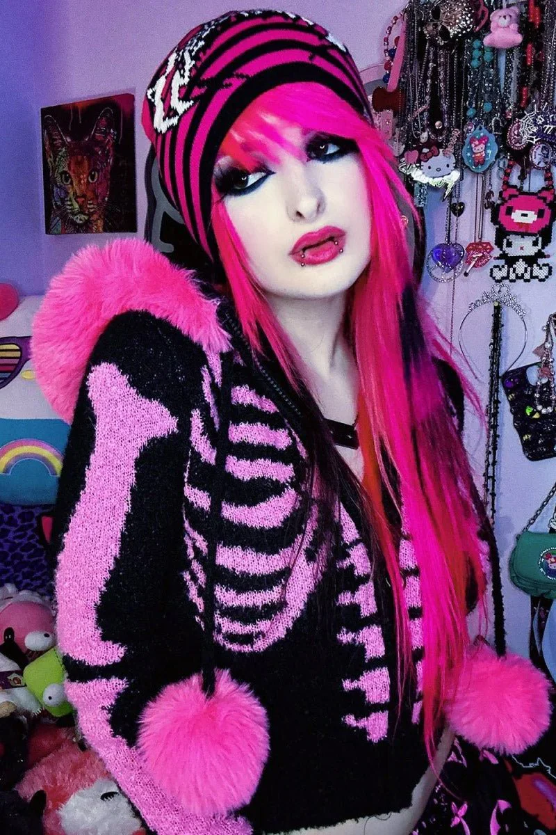 Bony Rib Cage Skeleton Fur Sweater [BLACK/PINK] - Image 2