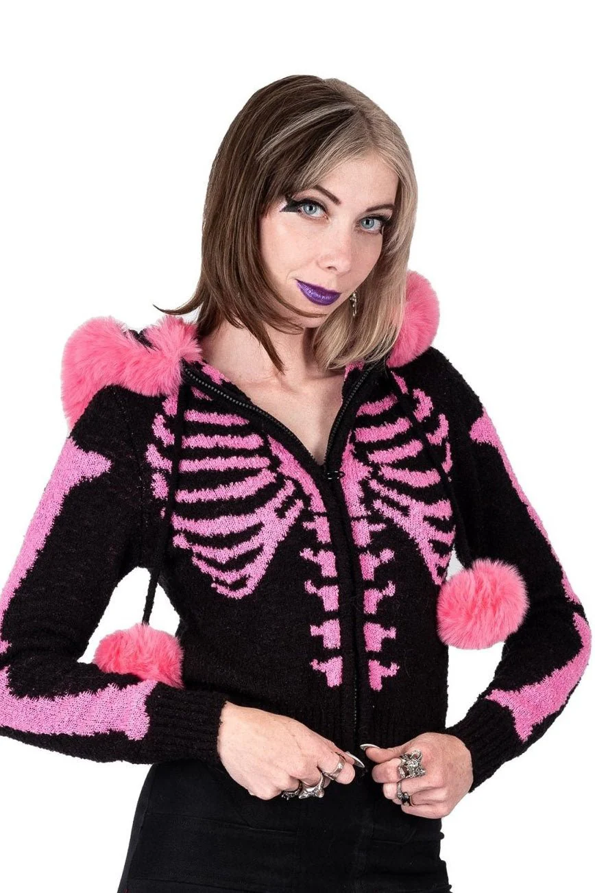 Bony Rib Cage Skeleton Fur Sweater [BLACK/PINK] - Image 3