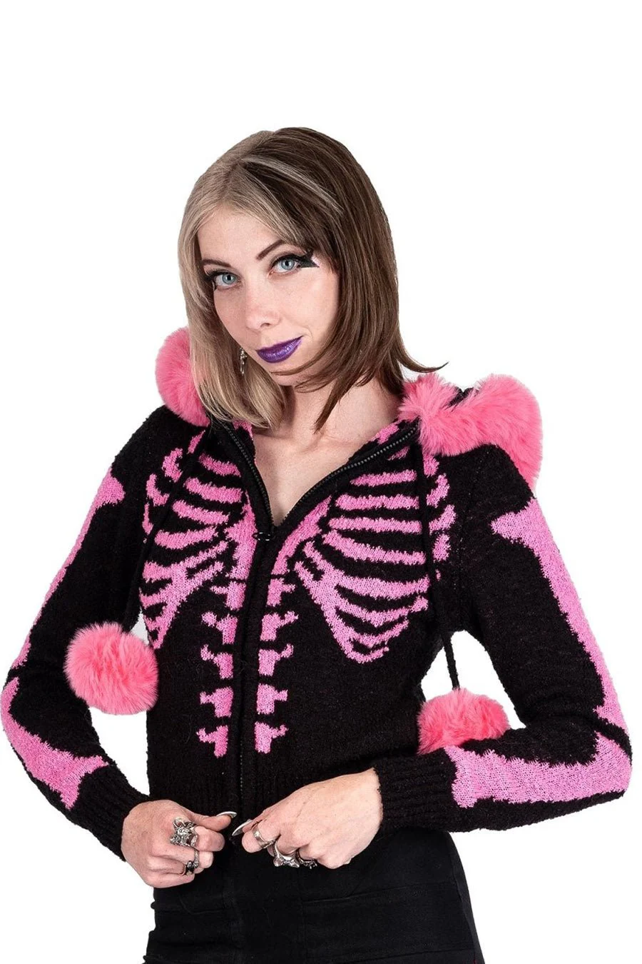 Bony Rib Cage Skeleton Fur Sweater [BLACK/PINK] - Image 9