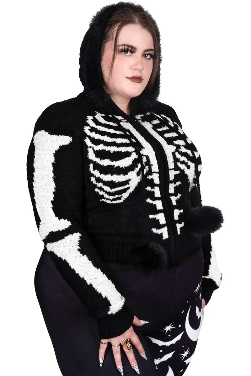 Bony Rib Cage Skeleton Fur Zip Sweater [BLACK/WHITE] - Image 6