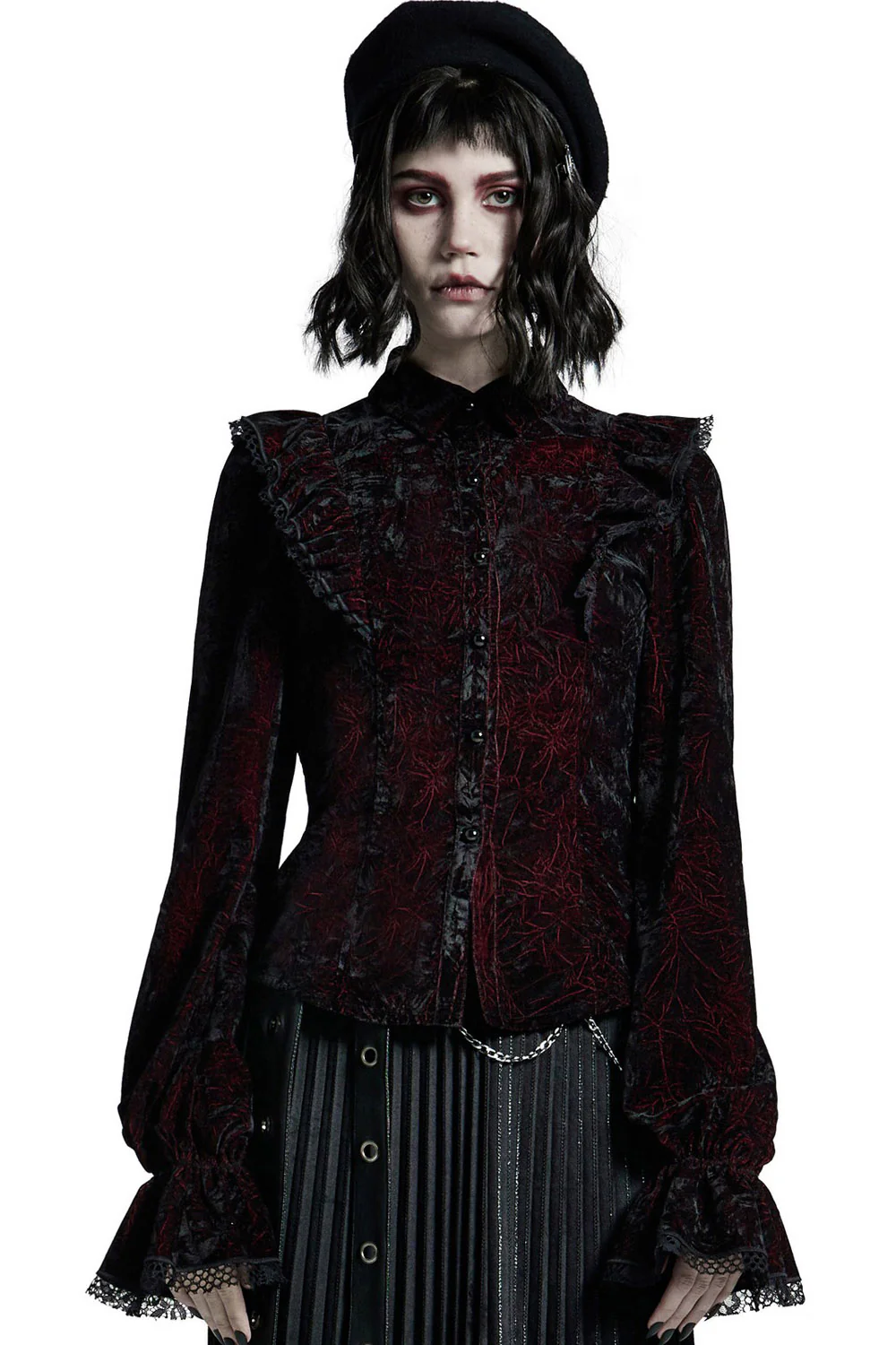 Crimson Manor Ruffled Button-Up Top