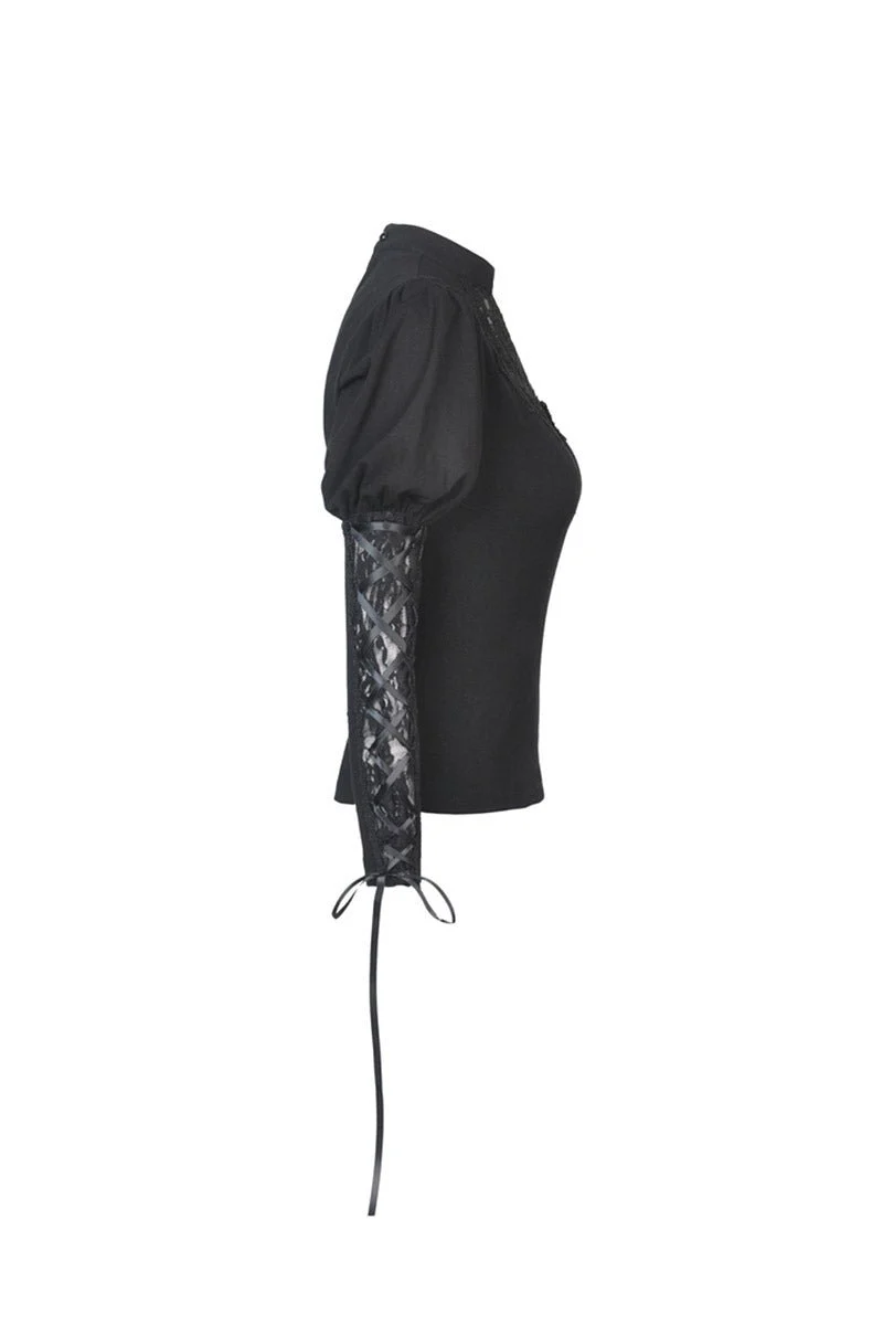 Dead Roses Goth Puffed Lace-Up Sleeve Top - Image 3
