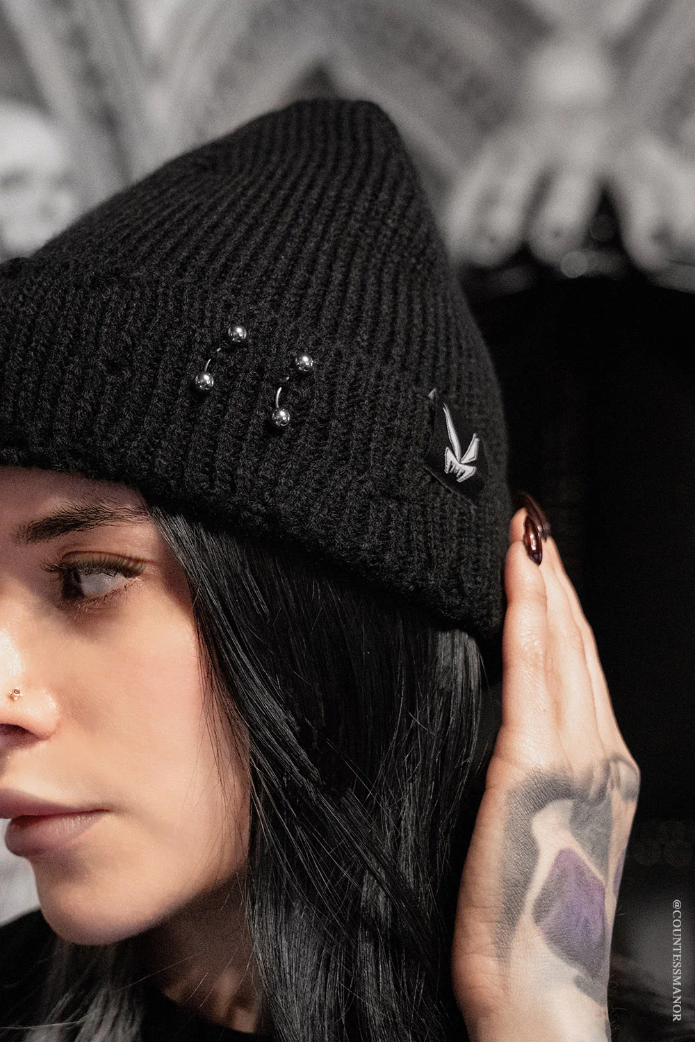 Distressed Pierced Beanie [Black Bat] - Image 2