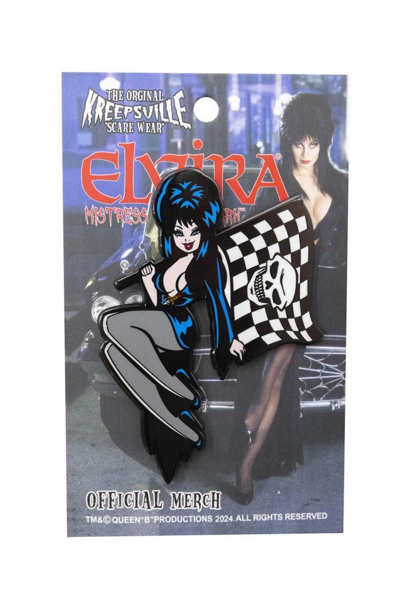 Elvira Racing Flag Skull Enamel Pin - Image 2