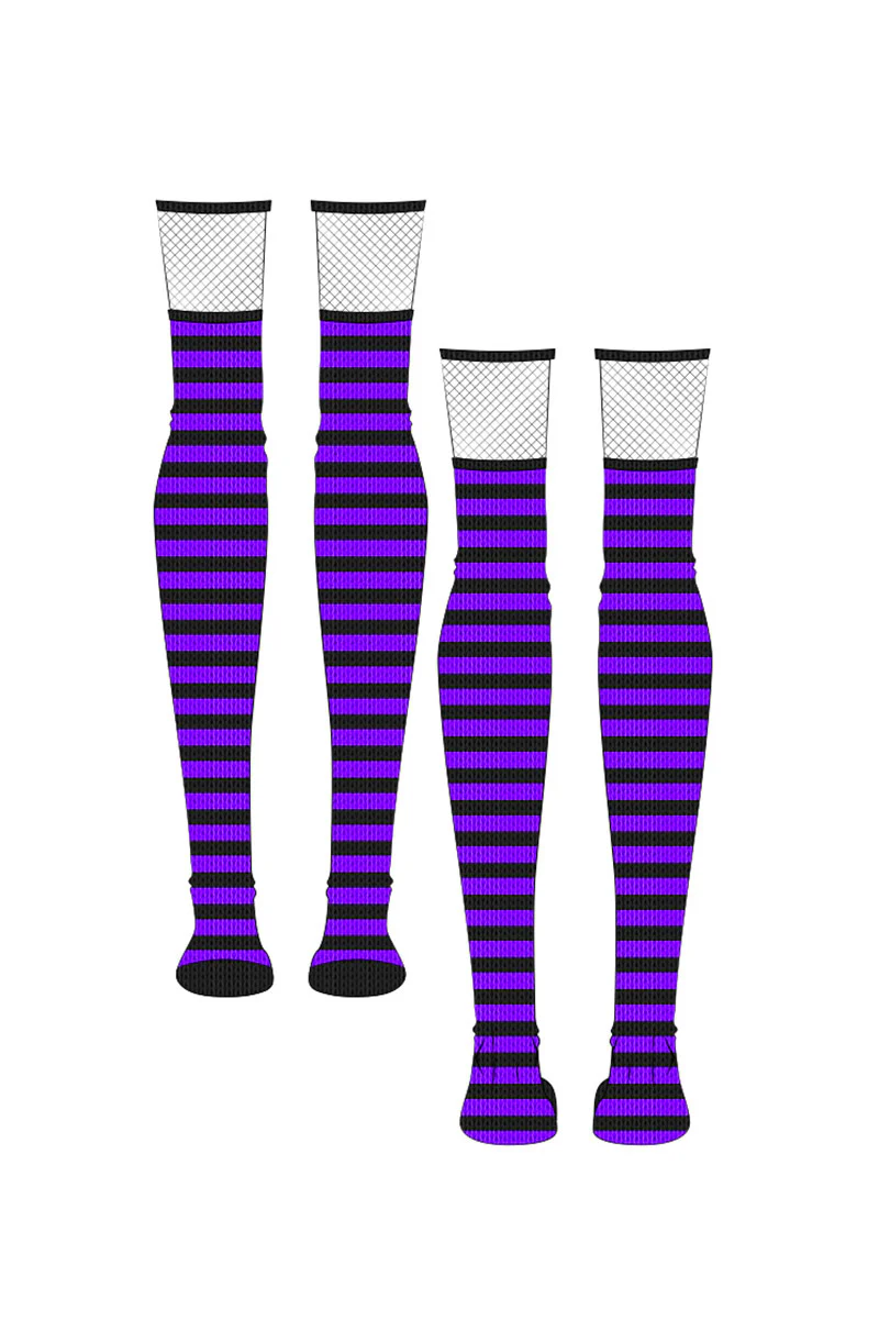 Fishnet Garter Thigh High Socks [Black/Purple] - Image 5