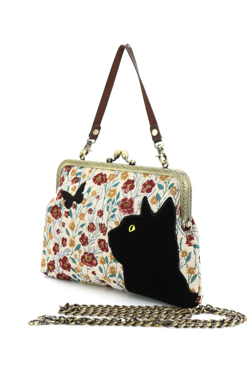 Floral Black Cat Kisslock Bag - Image 2