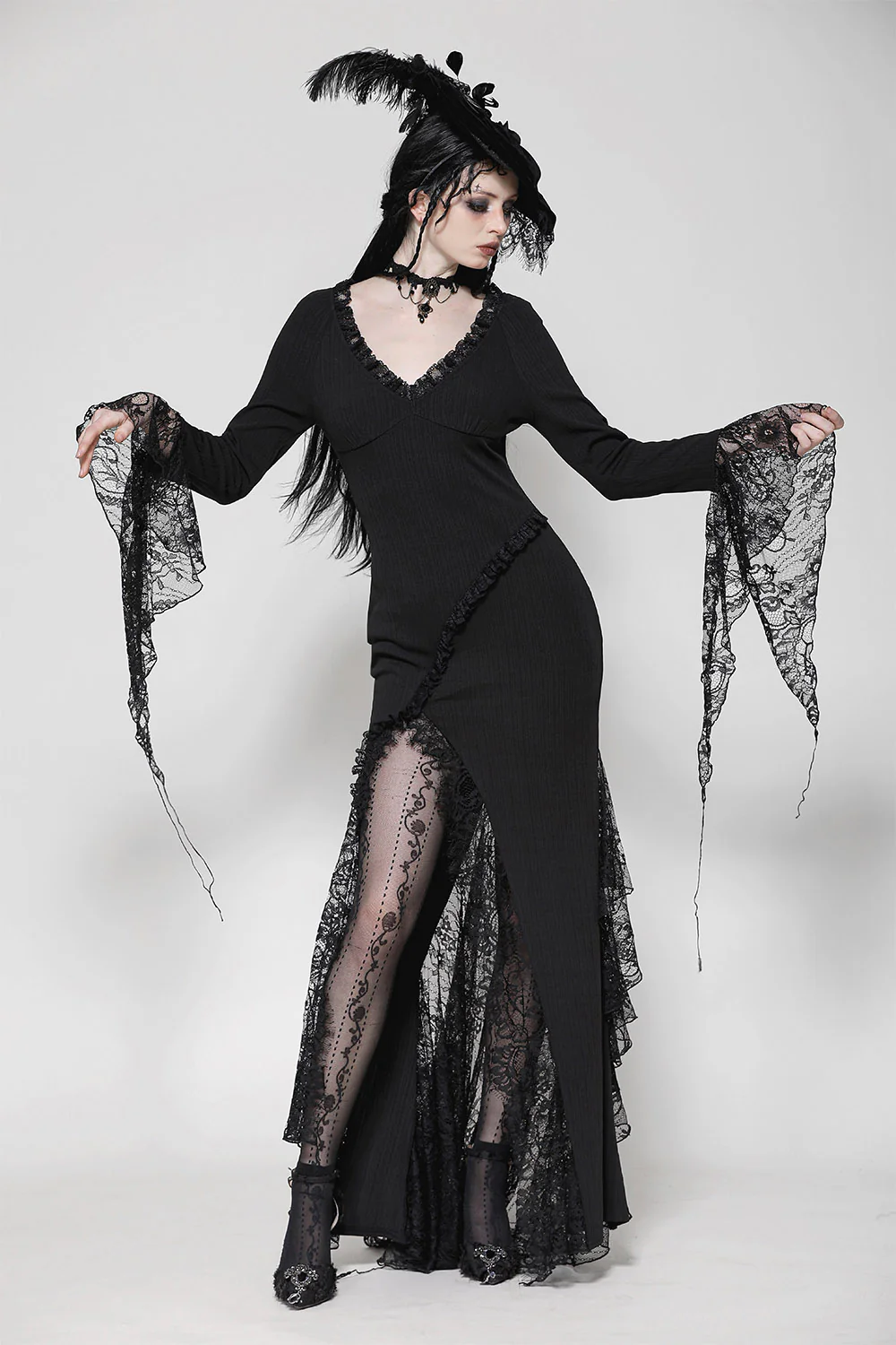 Luster Leg Slit Tattered Long Sleeve Dress