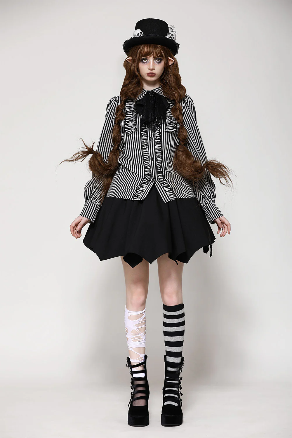 Mad Hatter Striped Button-Up Top with Lace Necktie - Image 2