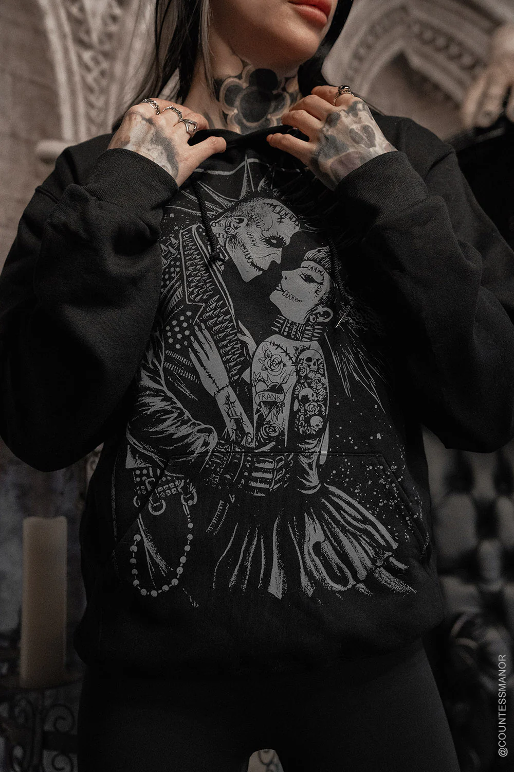 Monster Love: Frankenstein & Bride Hoodie [Graveyard Gray] - Image 6
