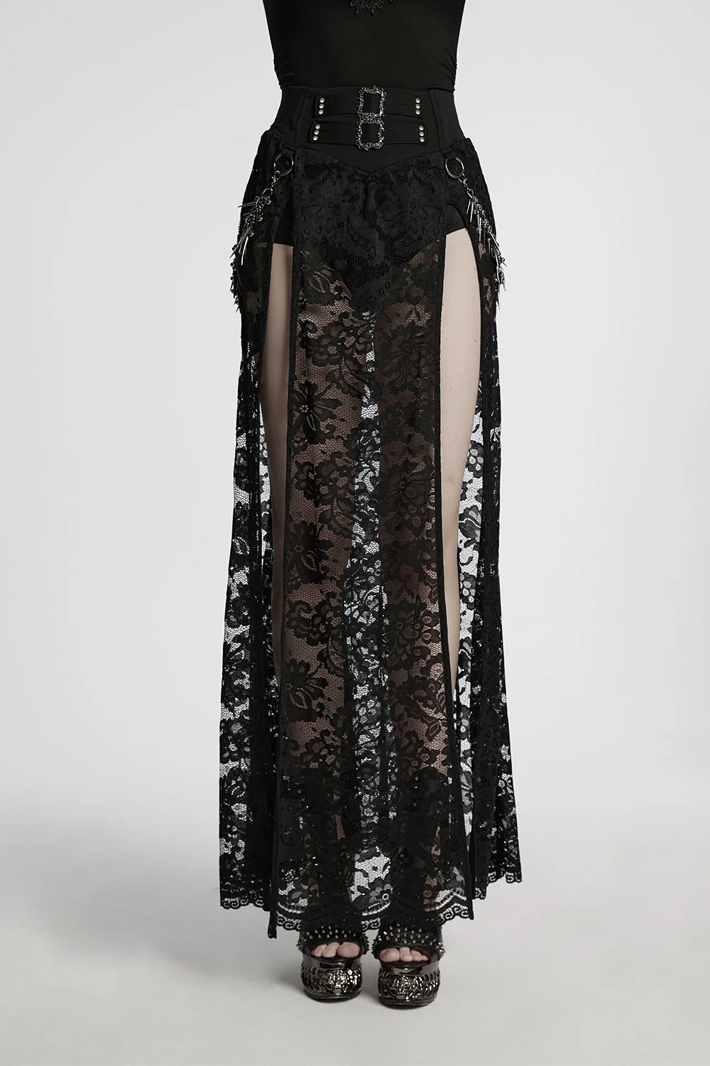 Perish Lace Leg Slit Skirt with Spiked Chains