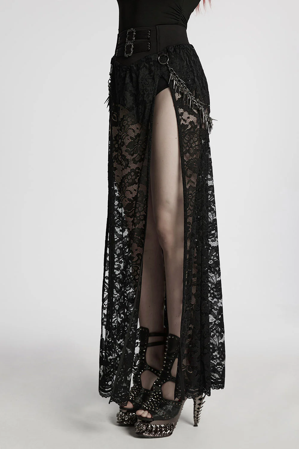 Perish Lace Leg Slit Skirt with Spiked Chains - Image 2