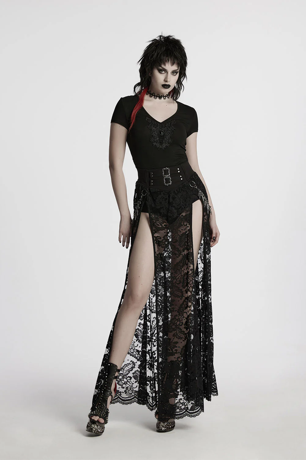 Perish Lace Leg Slit Skirt with Spiked Chains - Image 4