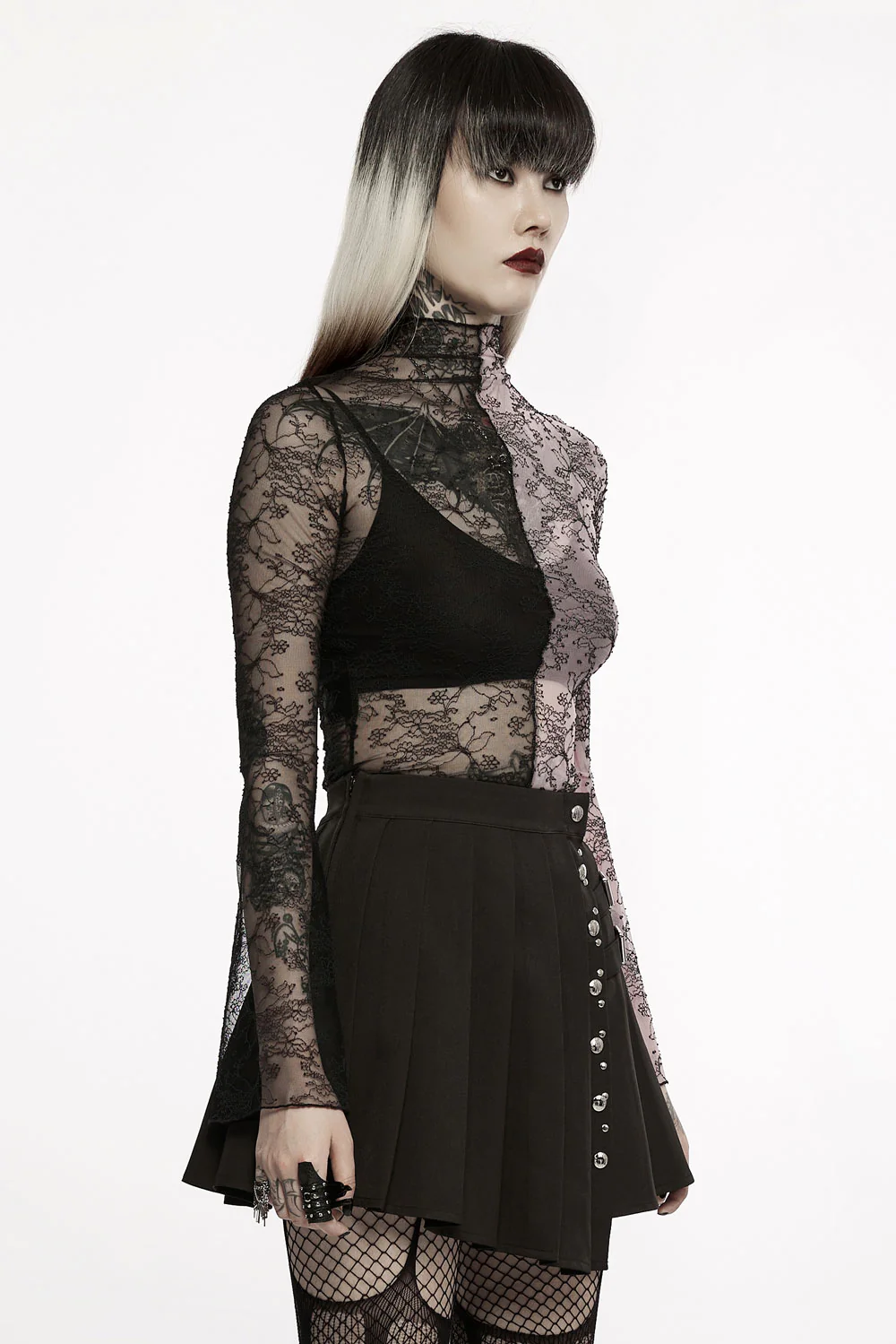 Pink Stitches Mismatched Mesh Top [BLACK/PINK] - Image 4
