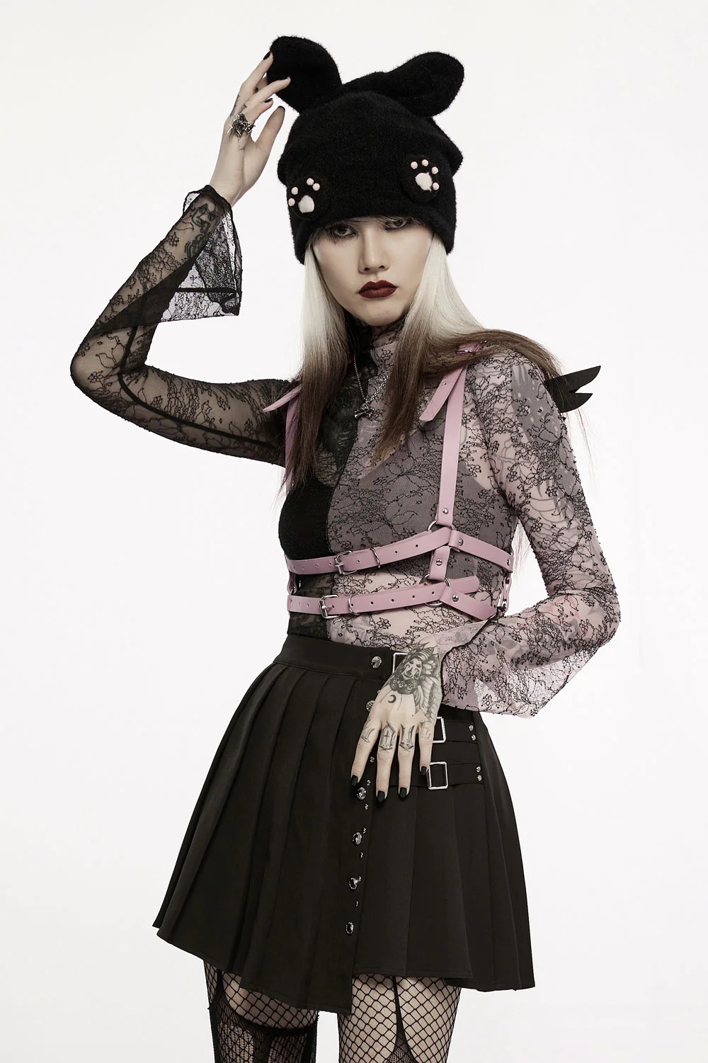 Pink Stitches Mismatched Mesh Top [BLACK/PINK] - Image 5
