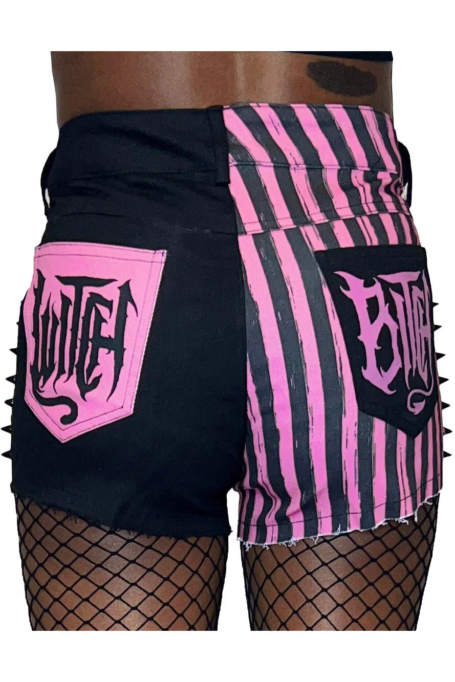 Pink Striped Witch Bitch Studded Stretch Denim Shorts - Image 4