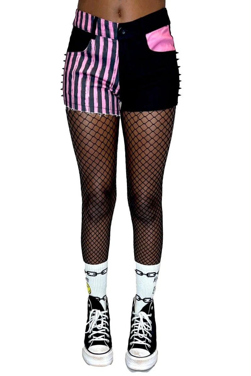 Pink Striped Witch Bitch Studded Stretch Denim Shorts - Image 6