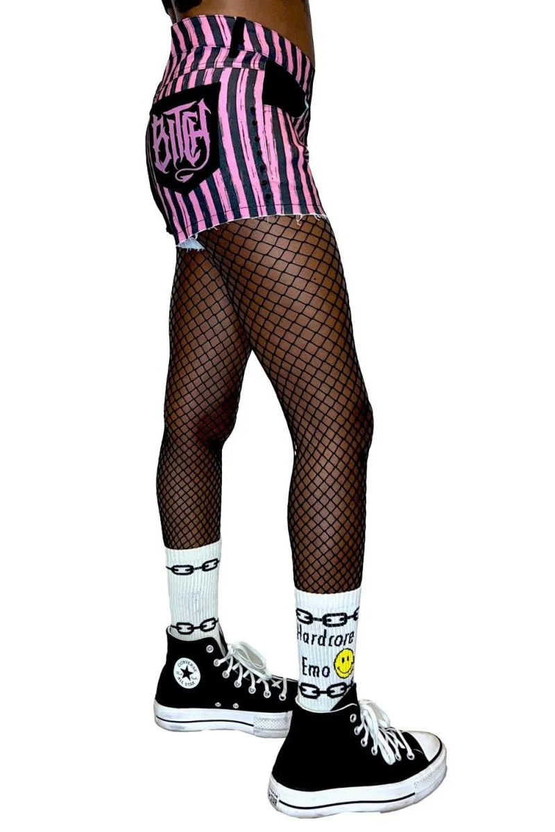 Pink Striped Witch Bitch Studded Stretch Denim Shorts - Image 7