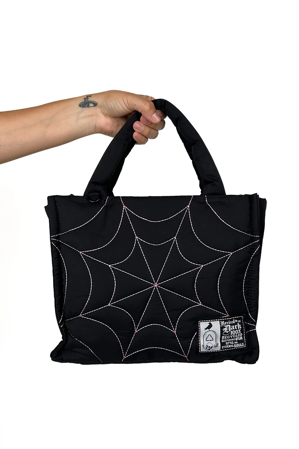 Recycled Nylon Puff Tote Bag [Black/White Spiderweb] - Image 3