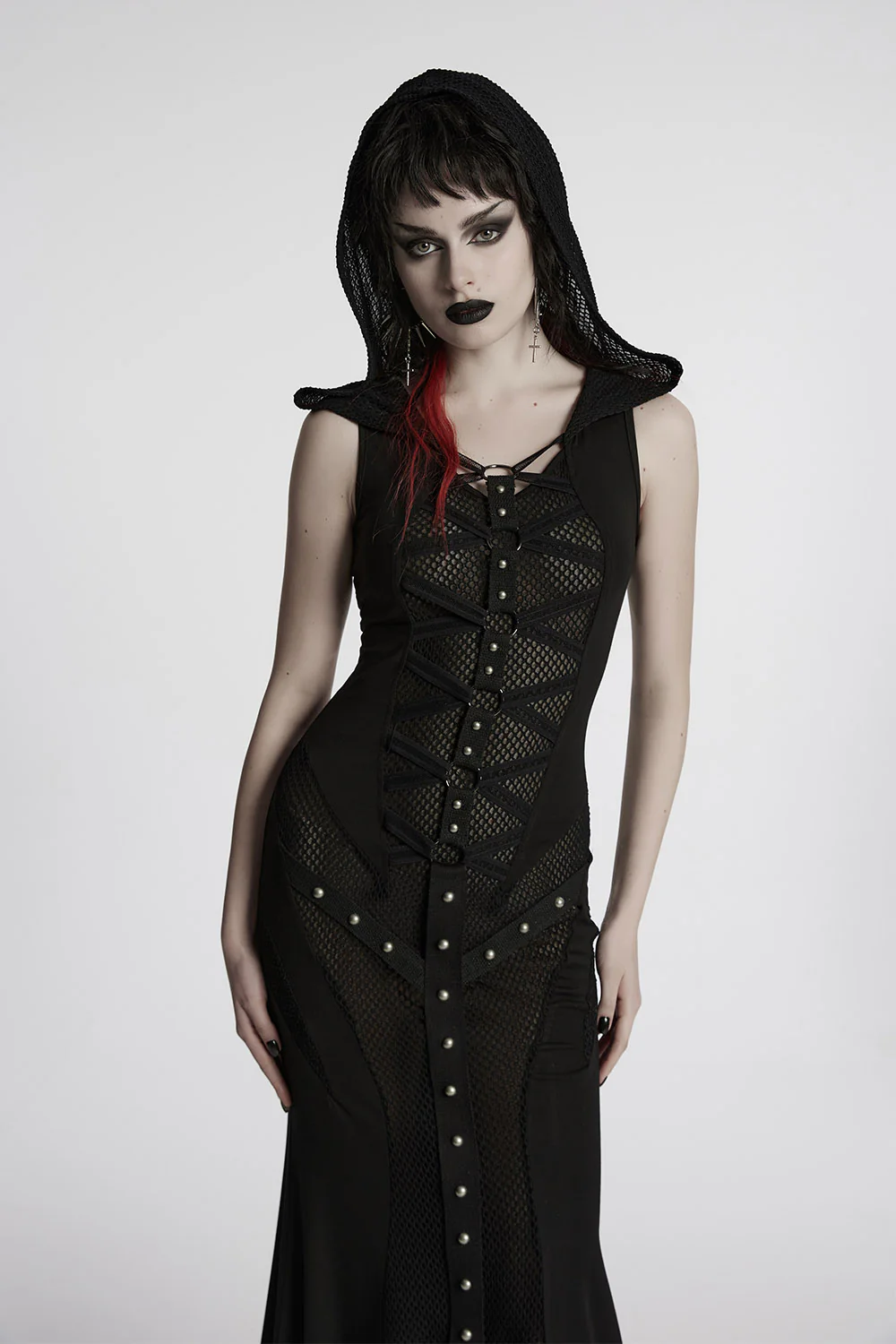 Ruinous Lace-Up Mesh Hooded Maxi Dress
