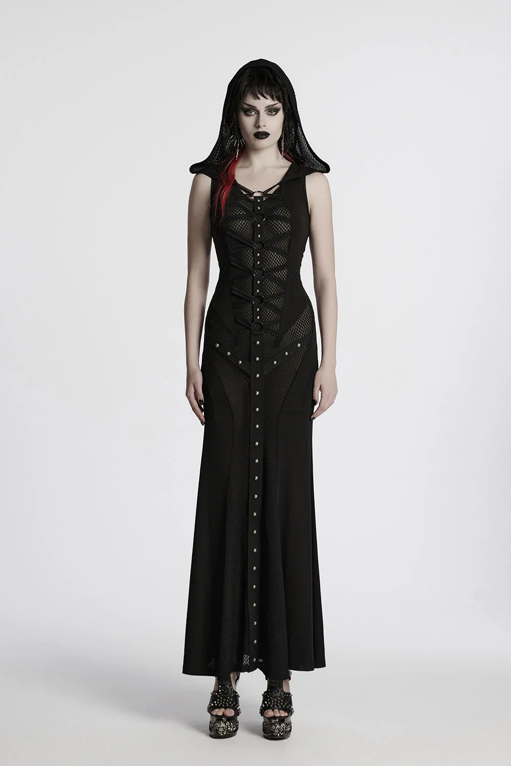 Ruinous Lace-Up Mesh Hooded Maxi Dress - Image 2
