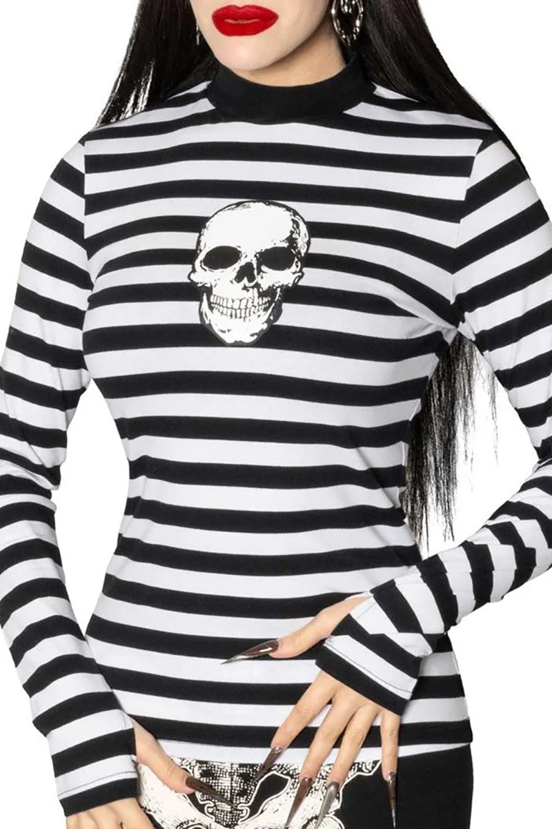 Skull Black White Striped Long Sleeve Top