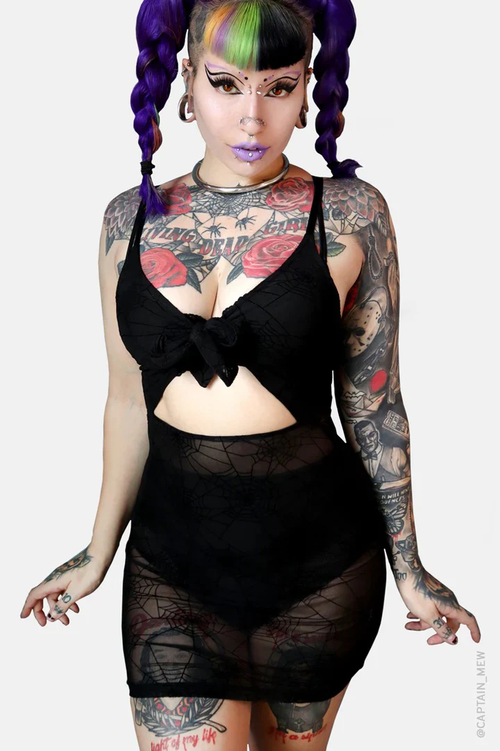 Spiderweb Mesh Front Tie Dress