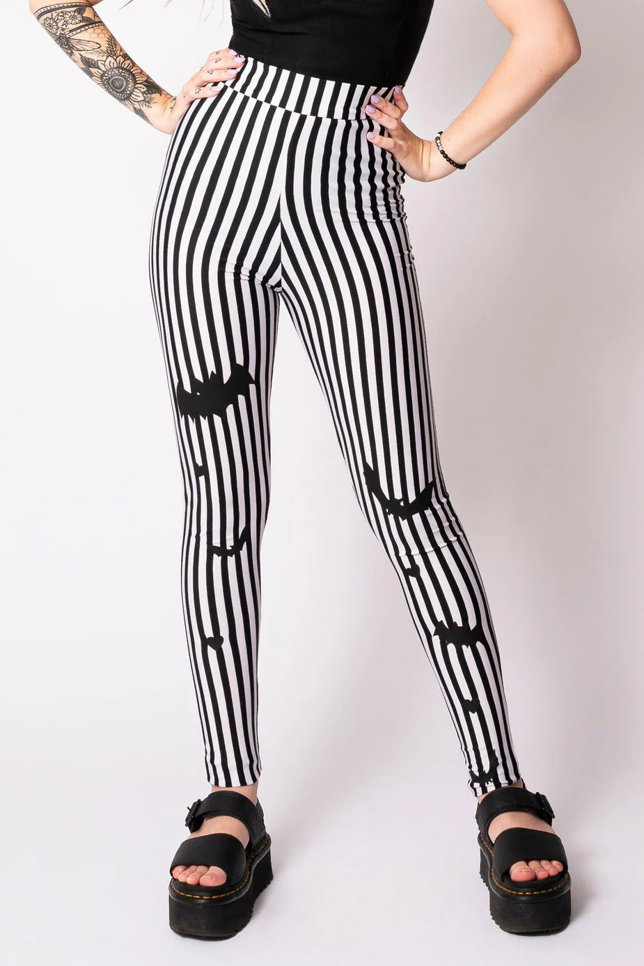 Sweet Sweet Bat Black/White Stripe Leggings - Image 2