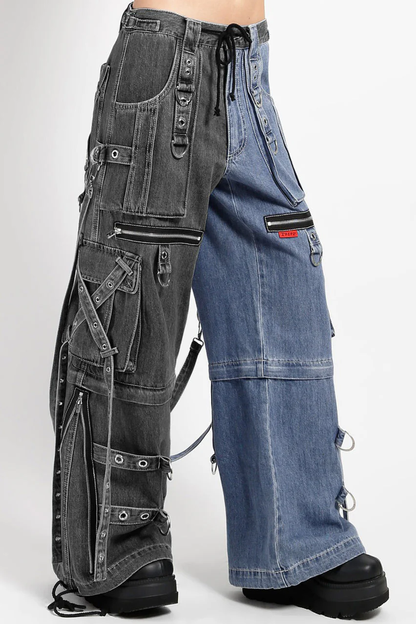 Tripp NYC X-Strap Split Denim Pants [BLACK DENIM/INDIGO BLUE] - Image 7