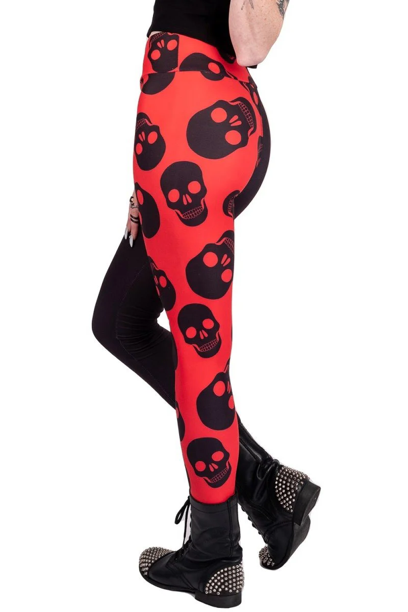 Two Tones Red Skulls High Waist Leggings - Image 3