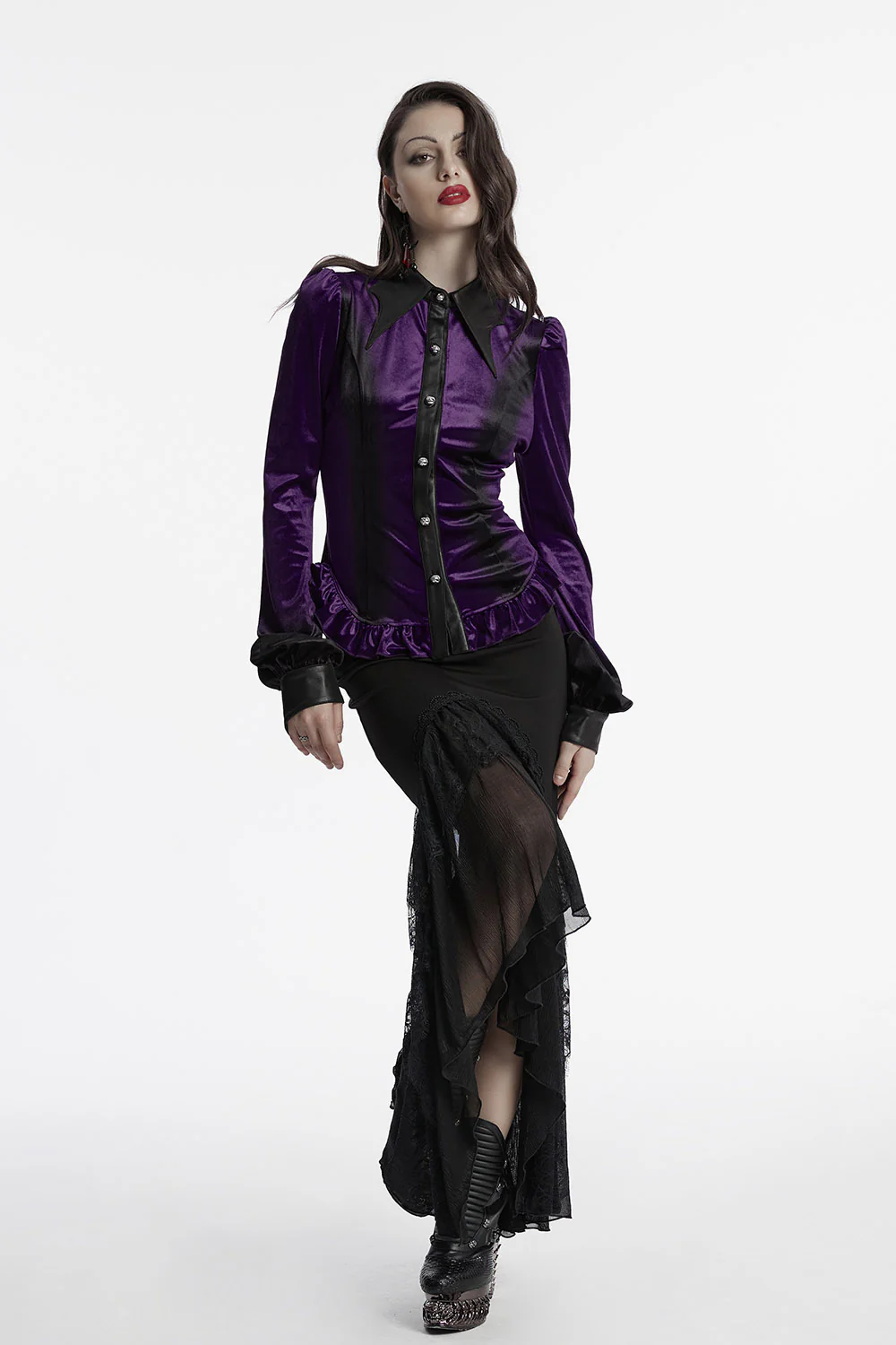 Velvet Vamp Batwing Collar Button Shirt [Purple] - Image 3